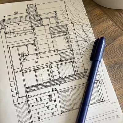 Every idea starts the same way, with a pen, a piece of paper, and a rough sketch. Here is the initial concept sketch for a modern, multi-level residence with interlocking volumes.