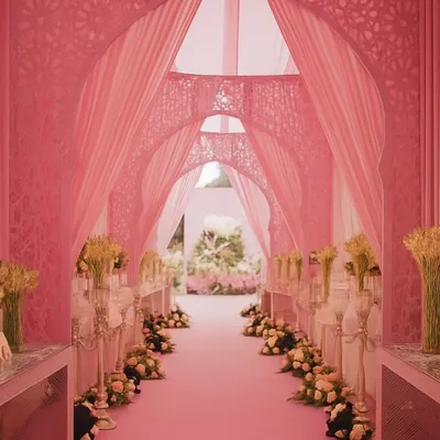 A pathway that feels like poetry in pink. For this wedding, we created a stunning entrance corridor with layered pink arches, soft drapery, and a carpet of flowers, immersing guests in romance from the start.