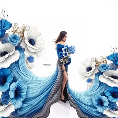 An example of my creative editing services, where I blend photography with digital art. Here, a beautiful blue gown transforms into a cascade of flowers, creating a truly magical and unique portrait.