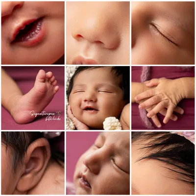 A collage celebrating all the perfect little details of a newborn. From tiny toes and fingers to delicate eyelashes and soft hair, we capture every precious feature.