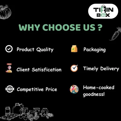 Why choose us? This infographic breaks it down: We focus on product quality, client satisfaction, competitive pricing, timely delivery, good packaging, and home-cooked goodness.