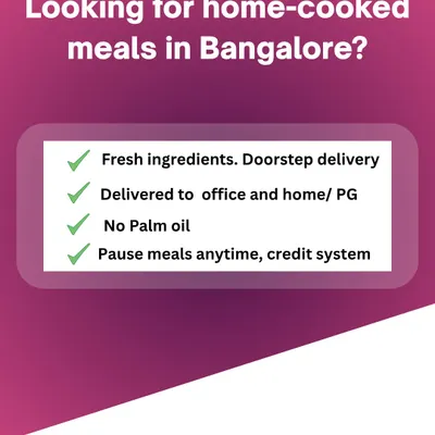 Here are some key benefits of my service. I use fresh ingredients, deliver to your office or PG, use no palm oil, and have a flexible credit system to pause meals anytime.