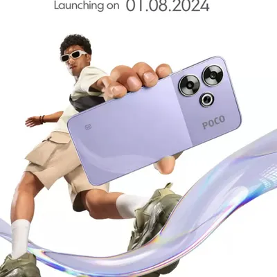 A high-energy, dynamic shot for the launch of a new Poco smartphone. The sense of motion and the clean, graphic style are designed to appeal to a young, tech-savvy audience.