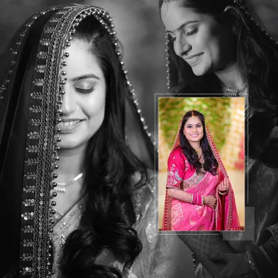 A beautiful collage of a bride, blending black and white portraits with a color photo from one of her pre-wedding functions.