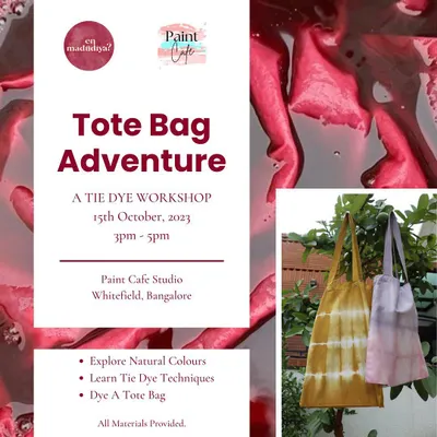 An announcement for our 'Tote Bag Adventure' tie-dye workshop. These sessions are perfect for private groups and can be hosted at cafes, offices, or even in a park.