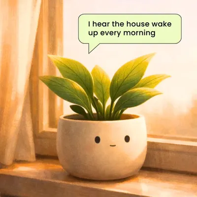 We believe greenery becomes a quiet part of daily life. This illustration captures how a plant is present for every moment, from the house waking up in the morning.