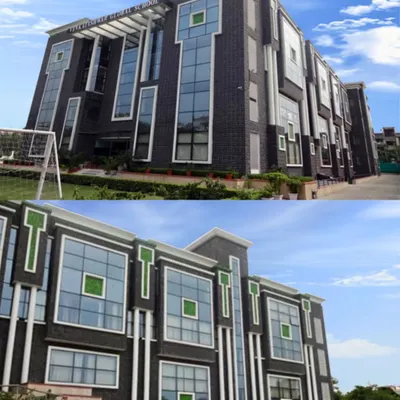 The Venkateshwar Group of Schools features a unified architectural identity across its Delhi campuses. This design uses bold geometric facades, expansive glass, and striking green accents to create a modern and recognizable institutional brand.