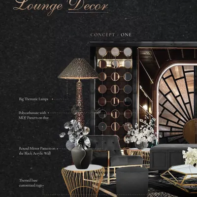 The initial concept for "The Dark Club" lounge. This board details every element, from the big thematic lamps and polycarbonate walls to the round mirror patterns, showcasing our meticulous planning process.