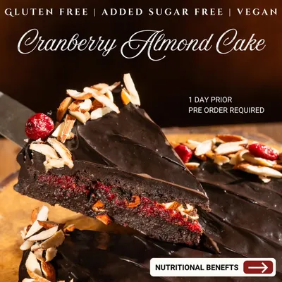 This cake is the heart of our menu. It’s fully gluten-free, made without any added sugar, and is 100% vegan. We require one day's notice for pre-orders because we bake everything from scratch to ensure it's perfect for you.