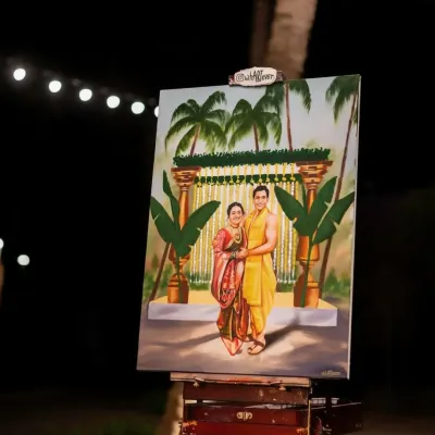 A completed painting of a beautiful Maharashtrian wedding ceremony, captured under the evening lights. The traditional attire and decor look stunning on canvas.