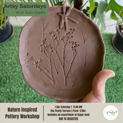Join us for a nature-inspired pottery workshop where you can create a beautiful terracotta piece using real leaves for imprints. It's a wonderful way to connect with nature and clay.