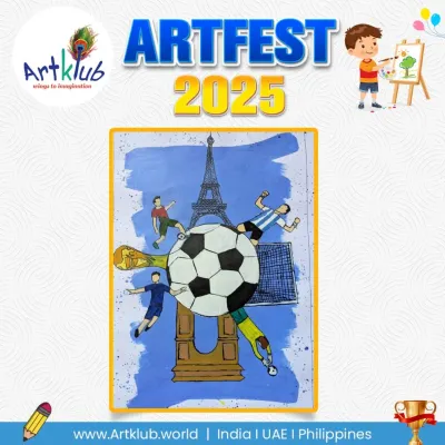 A senior artist's tribute to the global passion for football, featuring the Eiffel Tower and the World Cup trophy.