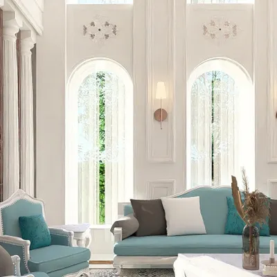 A 3D render of a living room designed in a neoclassical style. The space is defined by its grand columns, arched windows with delicate tracery, and ornate wall moldings.