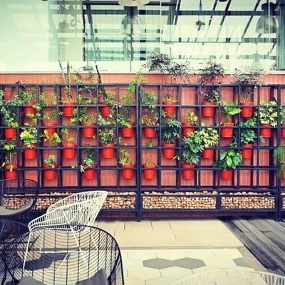 At the Sheraton Grand's Alfresco by Bene, we installed custom plant grids filled with terracotta pots. This modular system creates a beautiful and organized plant display, adding color and life to the restaurant's terrace seating area.