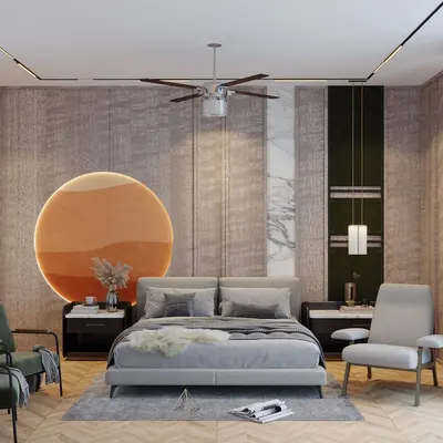 For this parents' room, we created a soothing environment with a soft, calming palette. The highlight is the circular sun-inspired feature wall behind the bed, which adds a gentle, warm focal point to this peaceful and elegant space.