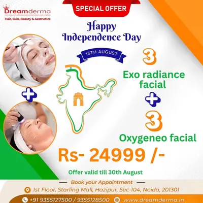 Celebrate with our special Independence Day offer. Get a package of 3 Exo Radiance Facials and 3 Oxygeneo Facials at a fantastic price. It's the perfect way to give your skin the freedom to glow.