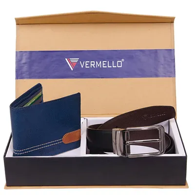 This gift set includes our two-tone blue genuine leather wallet with a tan accent, paired with a classic black leather belt. It arrives in a branded box, ready for corporate gifting programs.