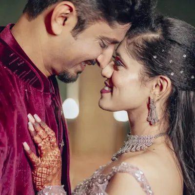 An intimate, happy moment between Nupur and Chinmay during their Sangeet. Even in the middle of a big party, these small connections are the most beautiful to capture.