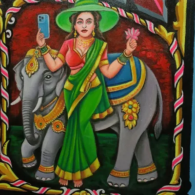 The final version of a commissioned painting for a client in the USA. This piece reimagines the goddess Gajalakshmi in a modern context, holding a smartphone while retaining her traditional grace, complete with her elephant and lotus flower.