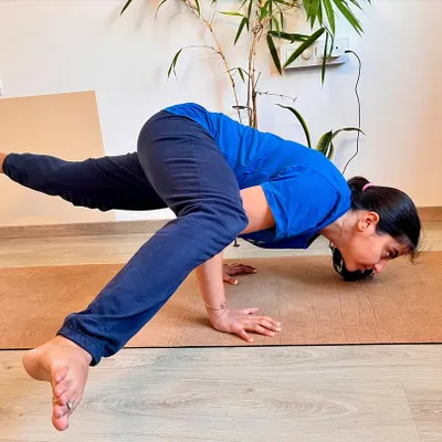 A closer look at the alignment for Eka Pada Koundinyasana II. This advanced arm balance requires significant core strength, hip flexibility, and concentration, all of which we build up to in my intermediate and advanced classes.