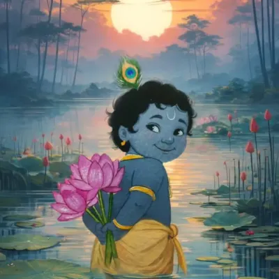 A finished watercolor piece showing Baal Krishna in a lotus pond at sunset. I combined my painting with a digital background to create this serene and magical atmosphere. This artwork is available for purchase.