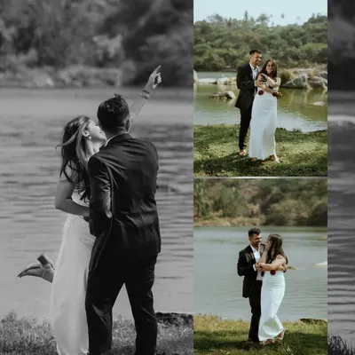 A creative black and white collage from a lakeside pre-wedding shoot, emphasizing the couple's playful and romantic interactions.