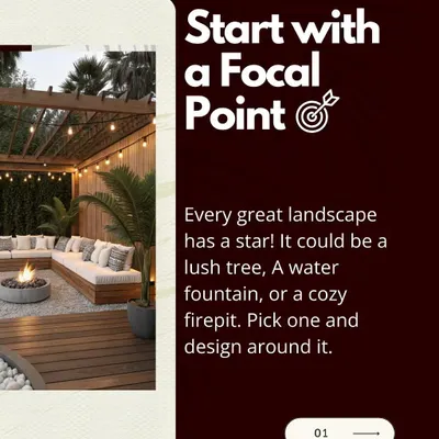 A core principle of my design process is to start with a strong focal point. Whether it is a lush tree, a water fountain, or a cozy firepit like the one shown here, this central element provides structure and purpose, allowing the rest of the landscape design to unfold naturally around it.