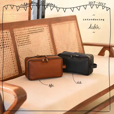 Introducing the Kabir, our versatile and spacious wash kit, shown here in classic Toffee tan and Slate black. With three main compartments and a soft body, it's the perfect travel organizer for him or her.