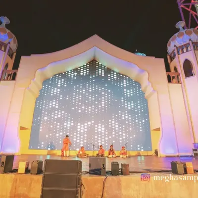 The magnificent stage at Boulevard World in Riyadh, where my team of 40 artists represented Indian culture for six months. This project was a massive undertaking in international event management and cultural programming.