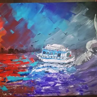 An expressive acrylic painting on canvas. This piece shows a powerful contrast between warm and cool colours to create a dramatic sea storm.