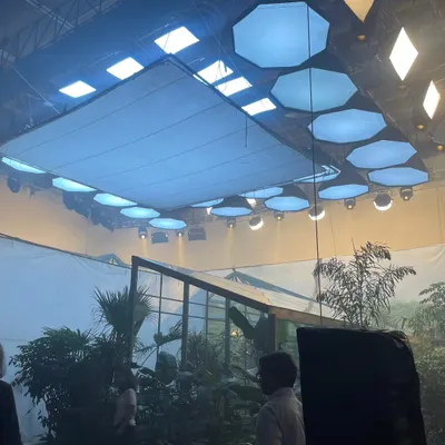 A large-scale studio setup combining Creamsource Vortex 8 and SpaceX fixtures with various diffusers like softboxes and octaboxes. This mixed-source approach allowed us to create a soft, layered ambient light for a TV commercial.