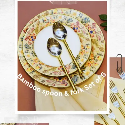 A beautiful set of my bamboo-inspired spoons and forks. The gold-finish handles add a touch of nature-inspired elegance to your dining table, perfect for a themed lunch or dinner.