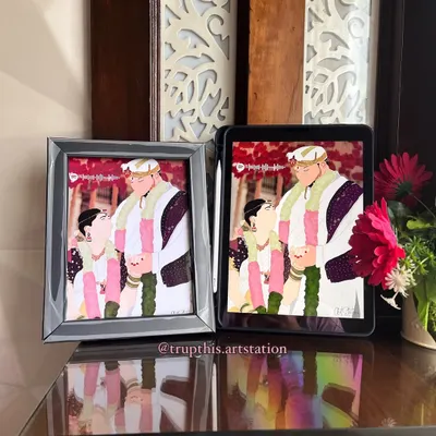 Here you can see the side by side comparison of my digital illustration on an iPad and the final product: a beautiful 6x8 inch framed print. This piece captures a traditional wedding moment with minimalist detail.