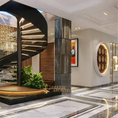 This central atrium makes a powerful first impression with its sculptural spiral staircase and integrated planter, turning a functional element into a work of art.