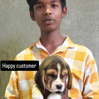 A happy customer with his new Beagle puppy. It is a serious commitment, but the reward is a loyal friend for life.