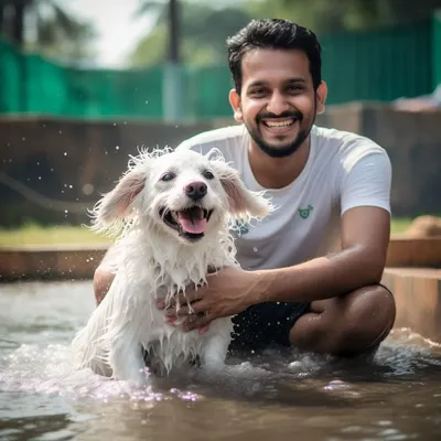 This is what a happy bath looks like! Here in our outdoor splash pool, we turn cleaning into playtime, making sure every dog, like this happy boy, has the best time.