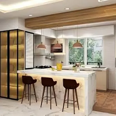 This bright and airy open-concept kitchen features a large marble-topped island with seating, perfect for casual dining. The design includes a full-height glass-fronted pantry and connects effortlessly to the rest of the living space.