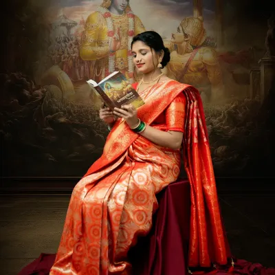 A serene portrait of a mother-to-be reading the Bhagavad Gita. The backdrop, inspired by classic Indian art, and the rich red saree come together to create a powerful image of spiritual motherhood.