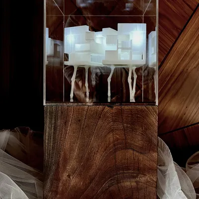 A 3D printed model of the 'Tetris' house concept, internally lit and displayed on a wooden pedestal. This physical model helps to understand the complex spatial relationships and the play of light.