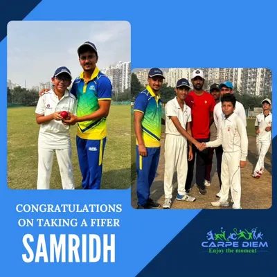 We celebrate individual brilliance. Here, a coach congratulates Samridh for taking a fifer, a massive achievement for any bowler. We are proud to see our young talent shine and grow with every match.