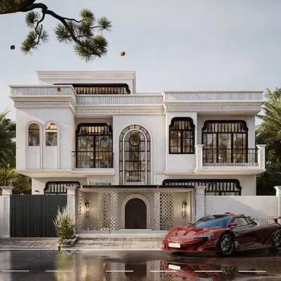 This visualization of a modern neoclassical villa showcases our ability to render intricate architectural details and luxurious finishes. The scene is set with dramatic lighting and a high-end vehicle to create a powerful, aspirational image for real estate marketing.