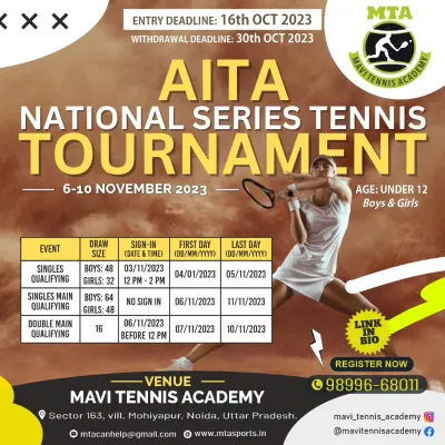 An example of our official announcement for the AITA National Series U-12 tournament. We provide clear information on event dates, draw sizes, and sign-in procedures.