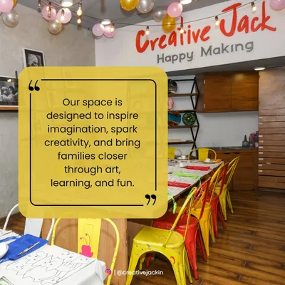This is my studio space, designed to inspire imagination, spark creativity, and bring families closer through art, learning, and fun. The colorful chairs and art-splattered tables are ready for our next workshop.