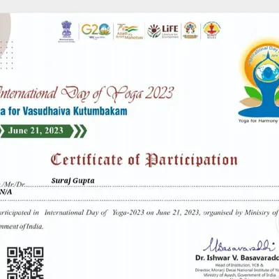My Certificate of Participation for the International Day of Yoga, organized by the Ministry of Ayush, Government of India. This official recognition validates my expertise.