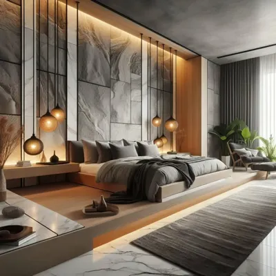 A stunning master bedroom featuring a raised platform bed with under-lighting. The dramatic stone-paneled accent wall and hanging pendant lights create a luxurious, hotel-like experience.