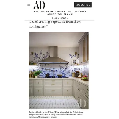 I was thrilled to see my work featured on Architectural Digest's website. This recognition for the custom-tiled kitchen project was a wonderful moment and a testament to the collaborative effort with my client and the artisans involved.
