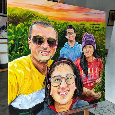This 30x30 inch acrylic on canvas painting turns a family selfie into a lasting piece of art, capturing a fun memory in a vibrant, colorful style.
