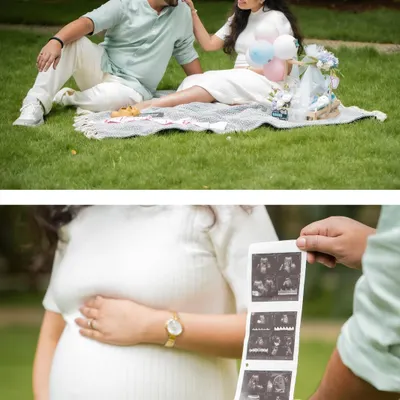 A collage showing a couple's picnic and a close-up of them holding their baby's ultrasound scan pictures, connecting the before and after.