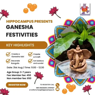 Let's celebrate Ganesha! Join us to create your own Ganesha idol from clay, decorate beautiful rangolis, and eat yummy laddoos. It's a festival of creativity and fun.