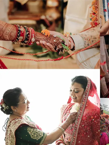 A collage of poignant moments: the joining of hands in a sacred ritual, and a mother helping her daughter, the bride, get ready for her big day.